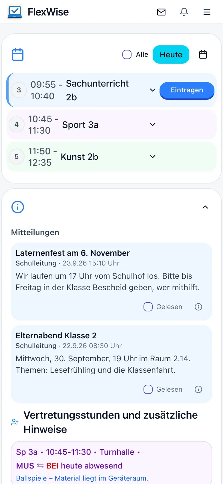 Startseite einer Lehrkraft am Handy: aktuelle Stunde, Mitteilungen, eine Vertretung.